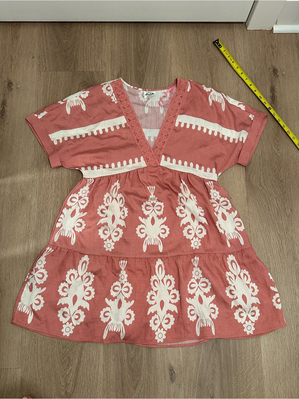 Embroidered Coral-Pink V-Neck Tiered Mini Dress